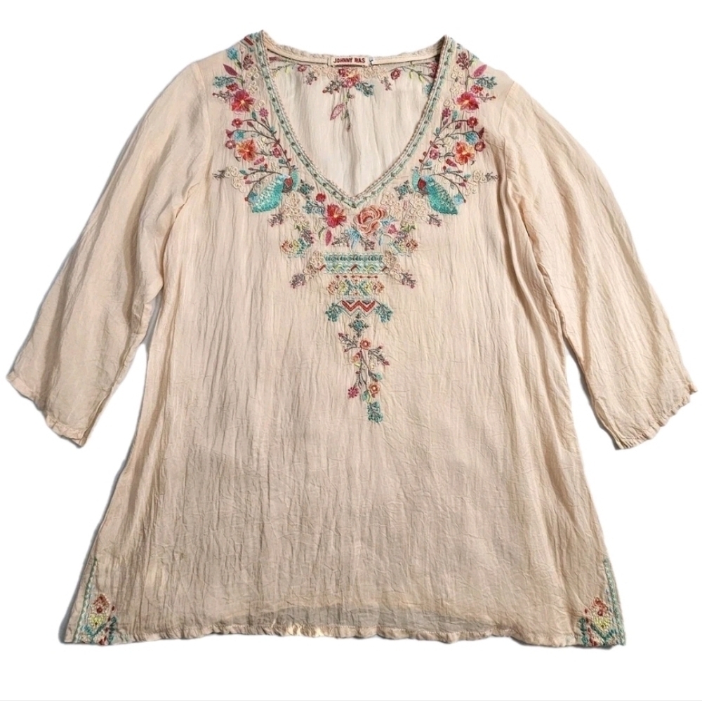 Johnny Was Pale Orange V-neck Small Embroidered 3/4 Sleeve Boho Floral Tunic Top